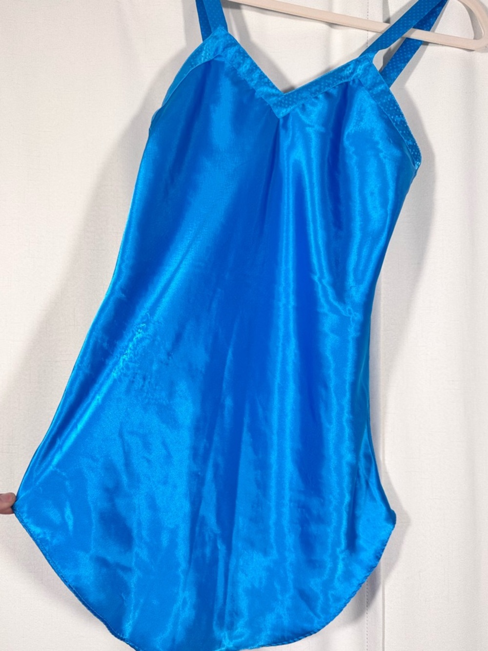 Vintage Blue Satin Slip Dress w/ Polka Dot Straps - Picture 5 of 7
